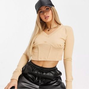 Long Sleeve V Neck Crop Top / Corset Style. Size 0. NWT. Tan / beige